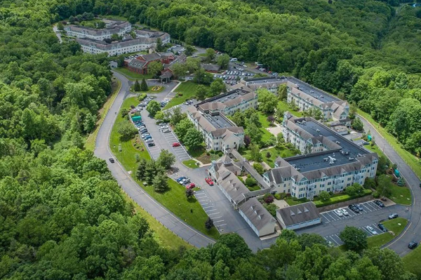 Aerial view of the Evergreen Woods buildings and property
