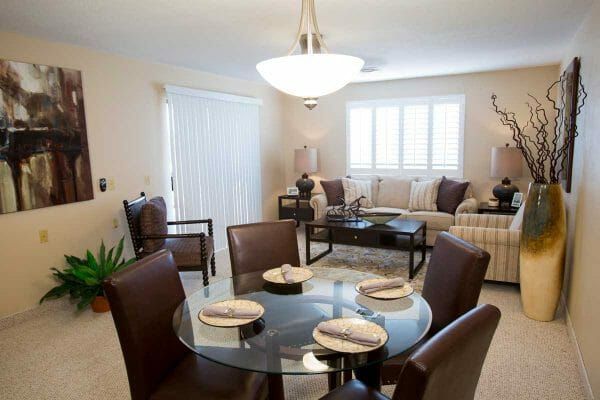 Model apartment interior and dining area at Sierra Winds