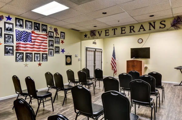Chairs lined up in the Winslow Court veterans hall and community room