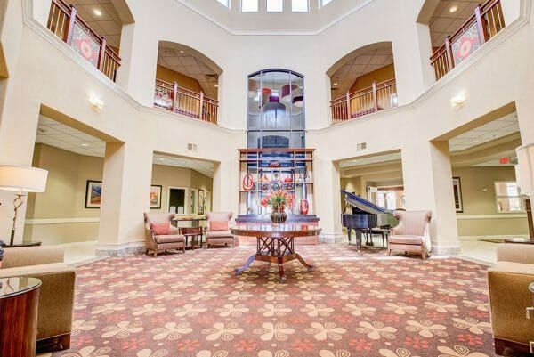 Two story foyer in the lobby of Fountain View Village