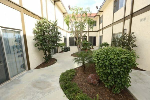 Walkways in the Whittier Glen Assisted Living courtyard