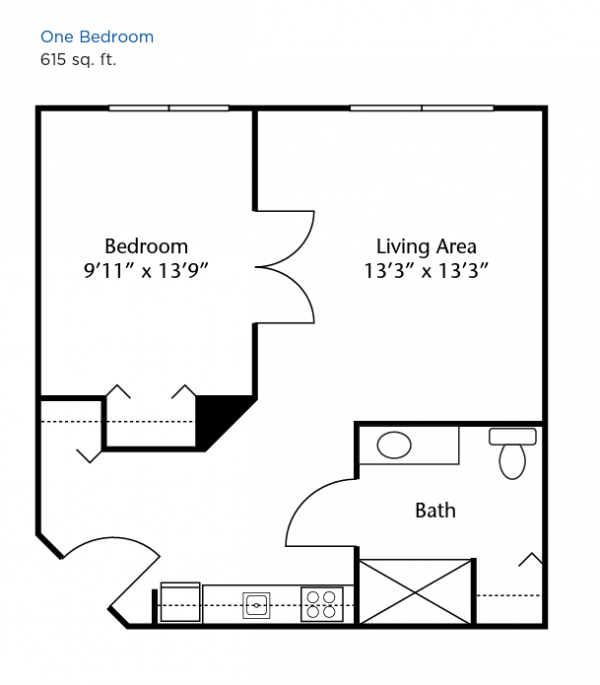 Brookdale West Seattle one bedroom floor plan 615 square feet