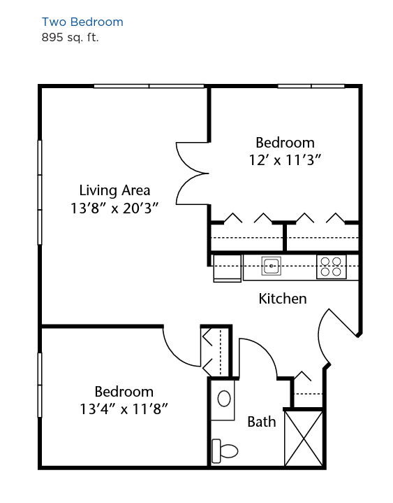 Brookdale West Seattle two-bedroom floor plan 895 square feet