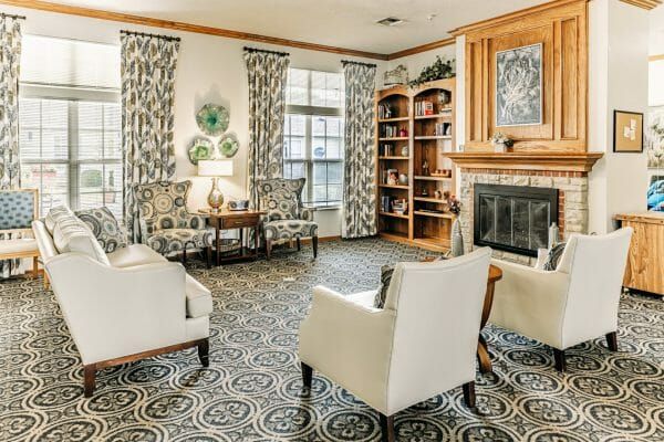 Fireplace and resdent gathering area in Alderbrook Village Assisted Living