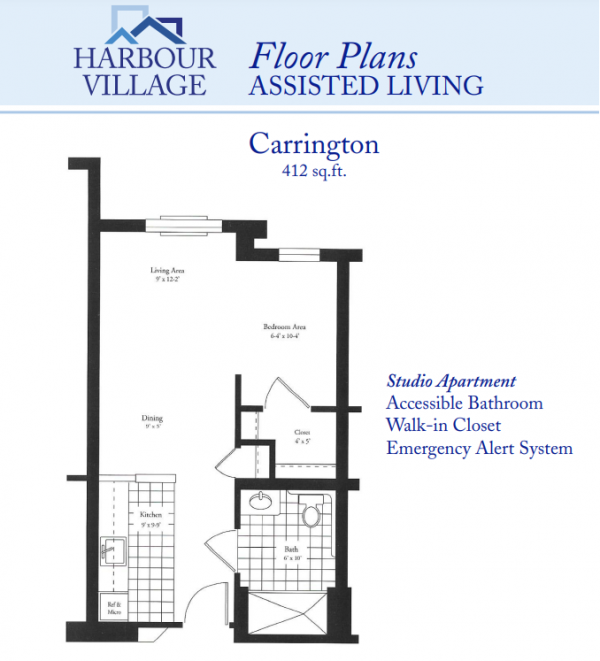 Harbour Village Assisted Living Carrington studio floor plan 412 square feet