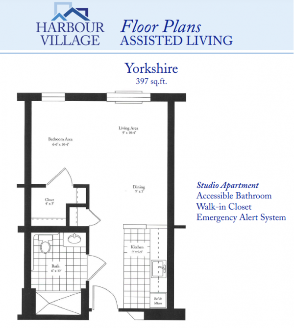 Harbour Village Assisted Living Yorkshire studio floor plan 397 square feet