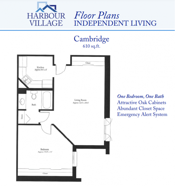 Harbour Village Independent Living Cambridge one bedroom floor plan 610 square feet