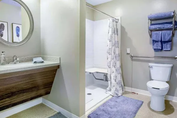 The Trace apartment model of the bathroom with safety bars and wheelchair accessible