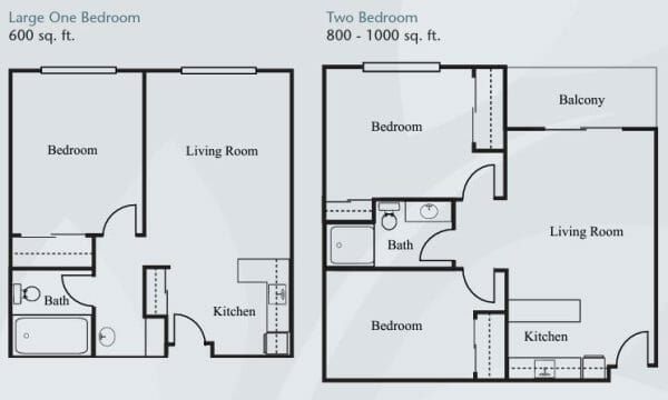 Large One Bedroom and Two Bedroom Floor Plan at Brookdale Uptown Whittier