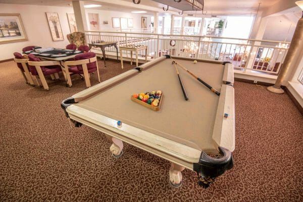Tan felt pool table in the Solstice Senior Living at Lodi game room