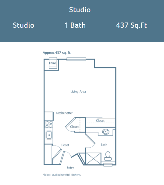 Merrill Gardens at Tacoma studio floor plan 437 square feet
