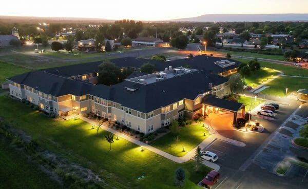 Evening aerial view of the Montage Creek building and grounds