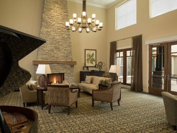 Community Seating Area with Fireplace at Oakmont of Whittier