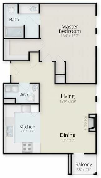 One Bedroom Floor Plan at Royal Oaks
