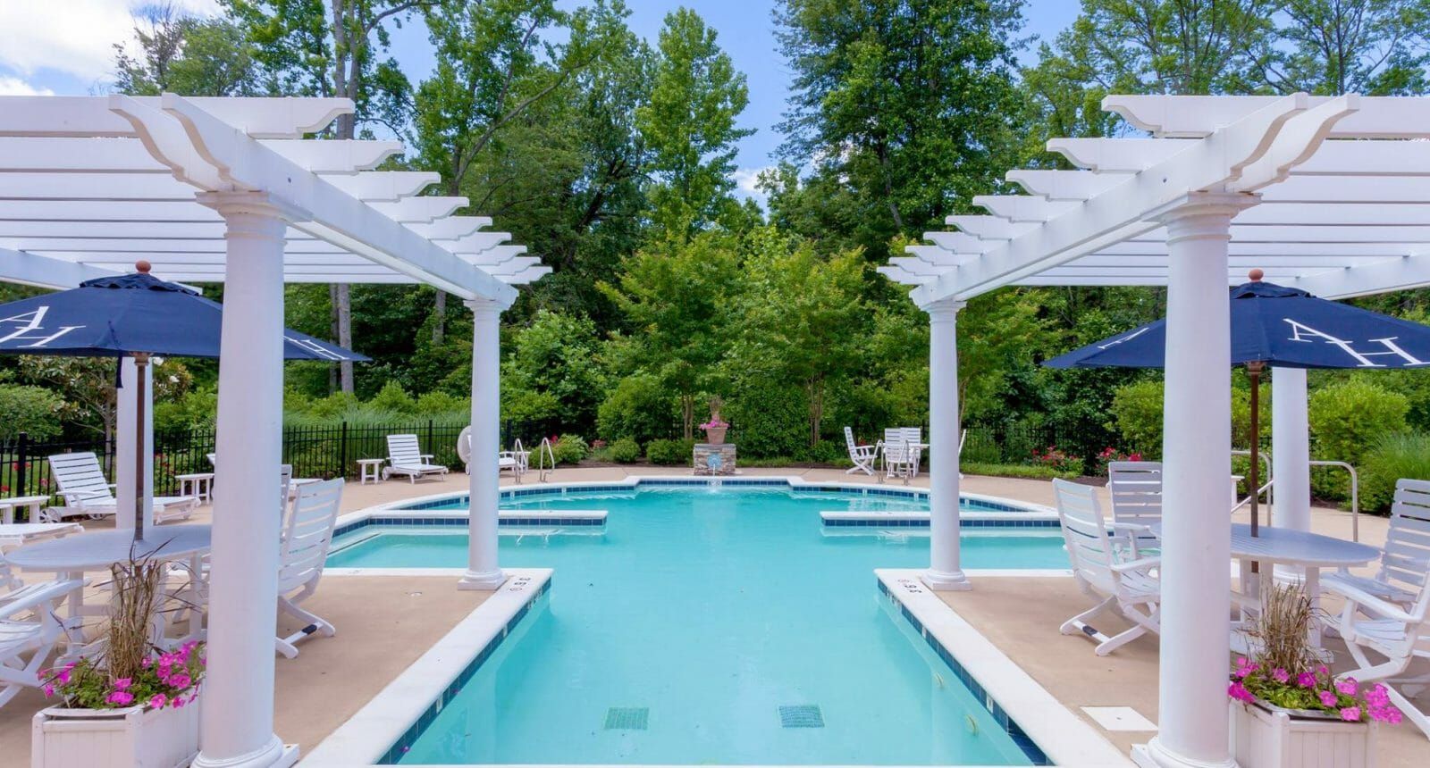Pool and trellises at Alexander Heights Senior Apartments in Fredericksburg, VA