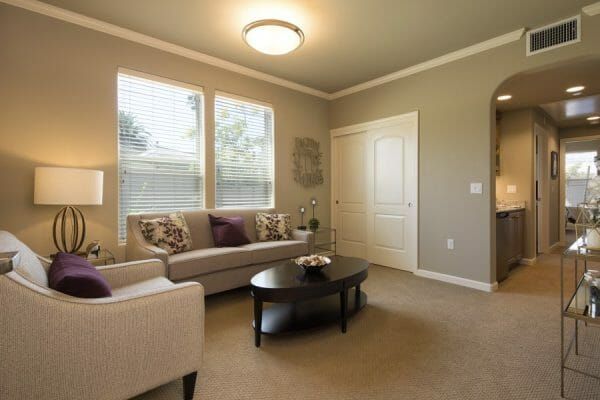 Model home living room at Oakmont of Pacific Beach.