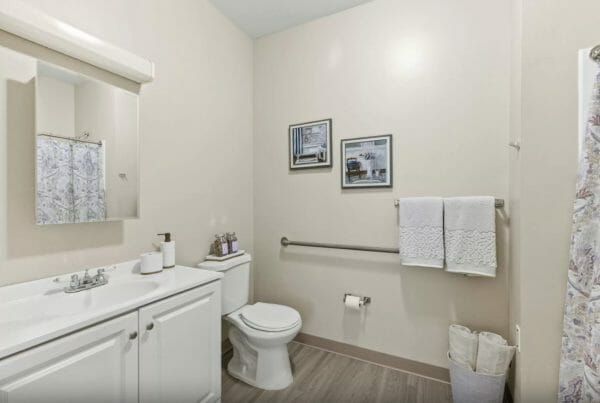The bathroom of a model apartment at Seaton Voorhees