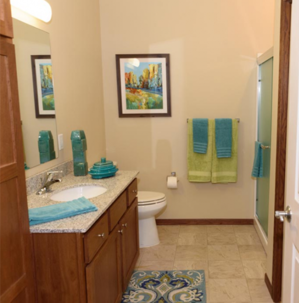Stone Oak Retirement bathroom with wood cabinets and vanity and a walk in shower