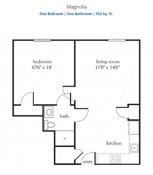 TerraBella Lake Norman assisted living floor plan - Magnolia 552 sqft