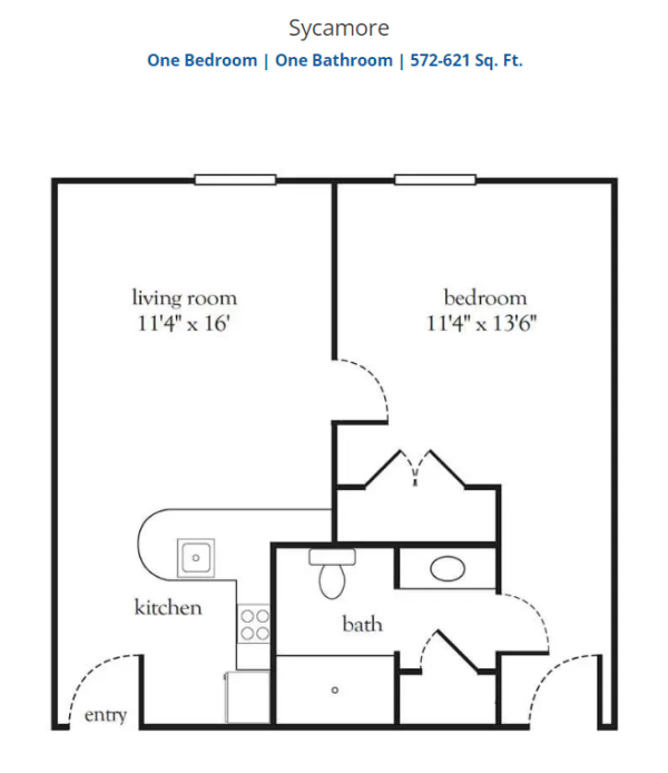 TerraBella Lake Norman assisted living floor plan - Sycamore 572-621 sqft