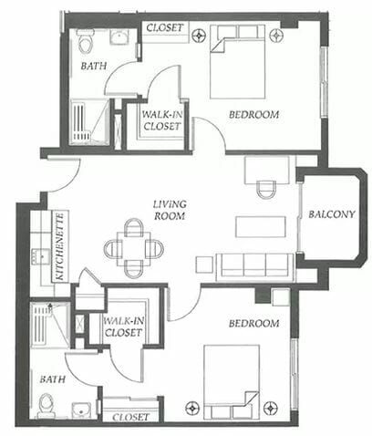 Two Bedroom Floor Plan at MorningStar of Pasadena