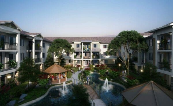 Exterior aerial view of courtyard and water features at Village Veranda at Lady Lake