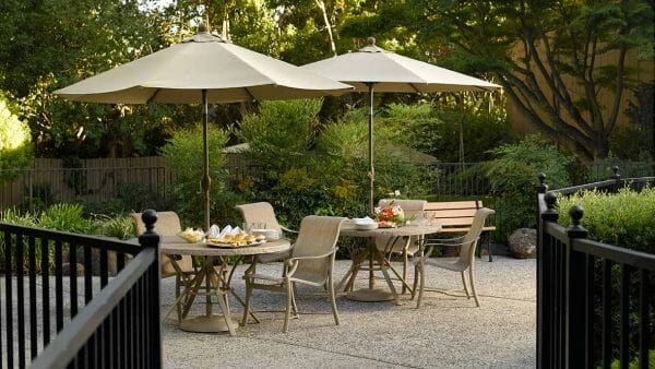 Atria Willow Glen patio and umbrella tables