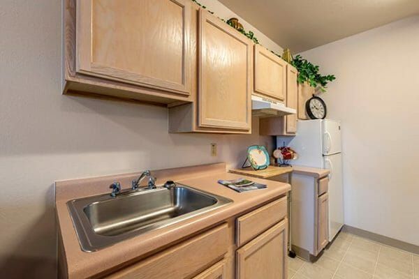 Model kitchen in an apartment at Brookdale Conway