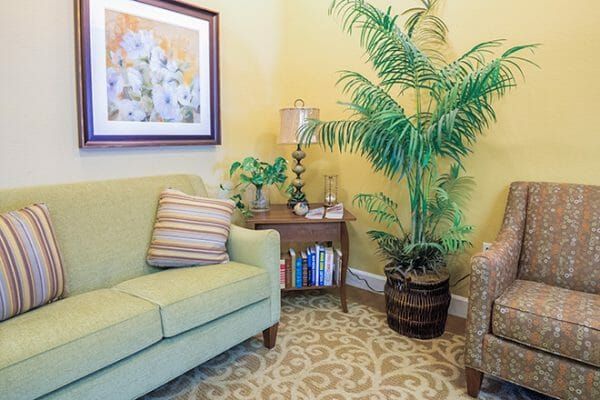 Community living room with seating and a large plant in Brookdale Redmond