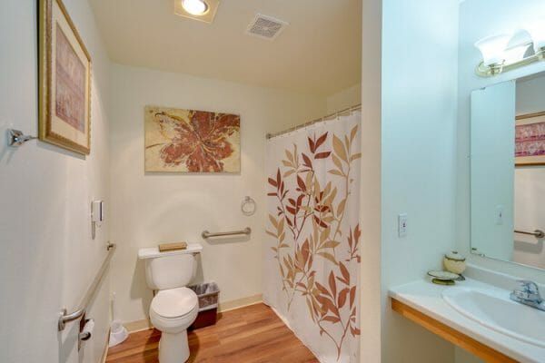 Model bathroom include toilet, shower curtain with burgundy and tan leaves and a sink at Orchard Park
