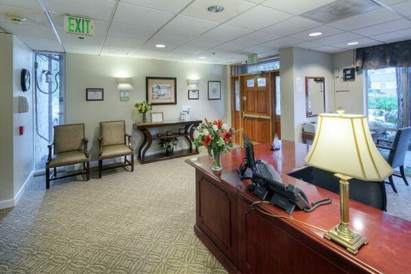 Lobby and reception desk in WindChime of Marin Memory Care