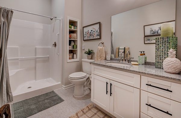 The bathroom of a model apartment at Crescent Fields at Huntingdon Valley