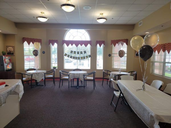 The activity room at O’Neill Healthcare North Ridgeville, decorated for a retirement party