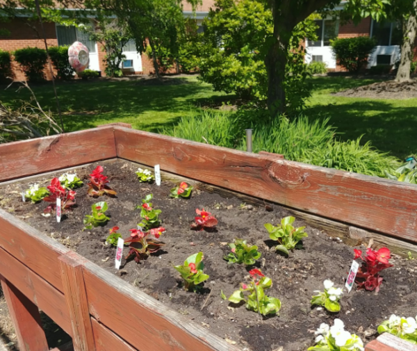 A raised flower bed on the grounds of O’Neill Healthcare North Ridgeville
