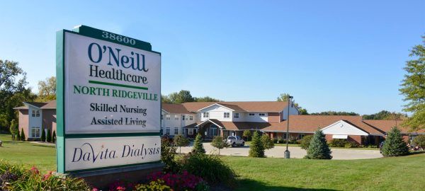 O’Neill Healthcare North Ridgeville's building front and community sign