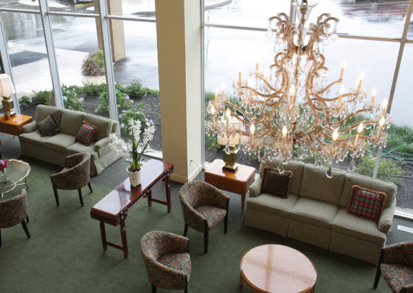 A bird's-eye view of the seating in Brentmoor Retirement Community's lobby