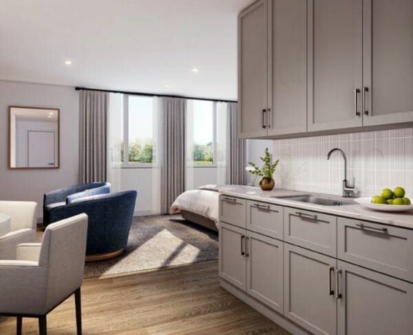 Allendale Enhanced Senior Living's model studio apartment kitchenette