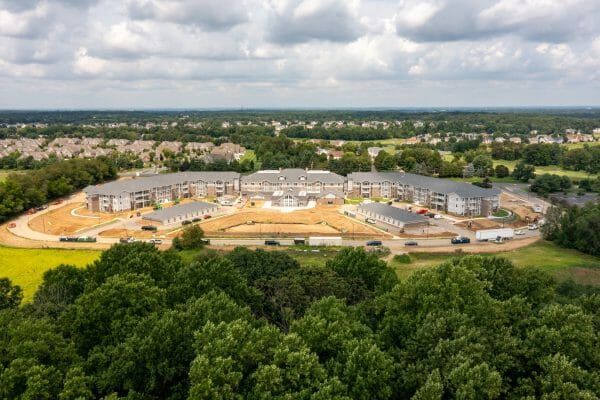 An aerial view of Parkers Bend Retirement Community before landscaping has been completed