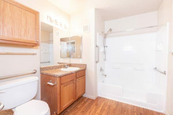 A bathroom in a vacant apartment at Carefree Senior Living at The Willows