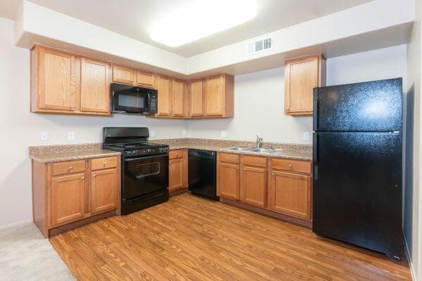 The kitchen of a vacant apartment at Carefree Senior Living at The Willows