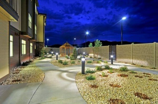 A nightime image of Cascades of the Sierra's secure courtyard