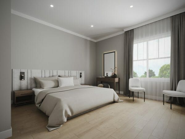 Hamilton Parc model home bedroom with king sized bed and hardwood floors and large window