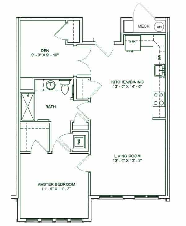 Heritage Run at Stadium Place Floor Plan Fairmont One Bedroom with a Den and One Bathroom